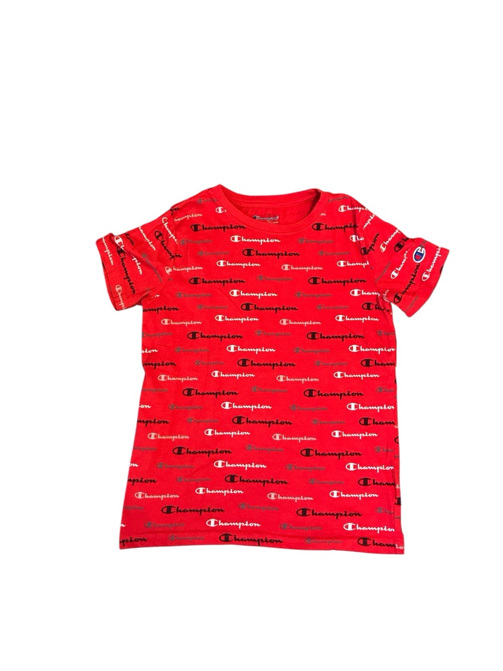 Champion Red Allover Logo Short Sleeve Tee, Kids Size M